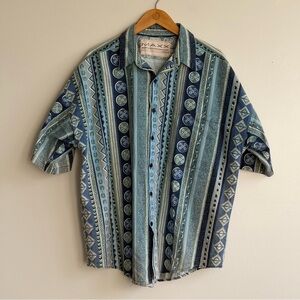 MAXX FM Men’s Short Sleeve Button Up Shirt Blue Green Geometric Print XL